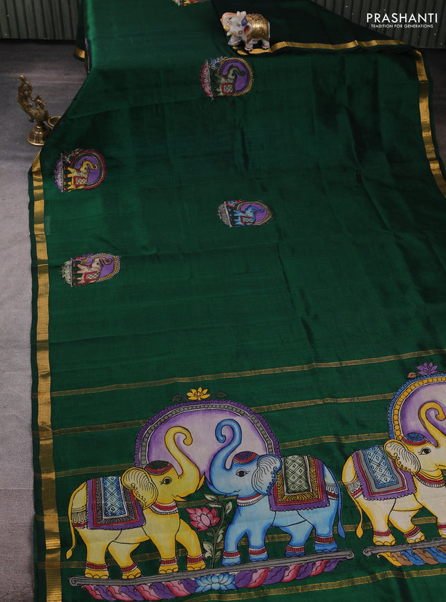 Silk cotton saree bottle green with kalamkari applique work and zari woven border