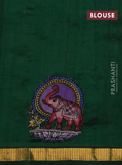 Silk cotton saree bottle green with kalamkari applique work and zari woven border