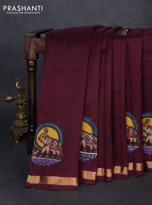 Silk cotton saree wine shade with kalamkari applique work and zari woven border