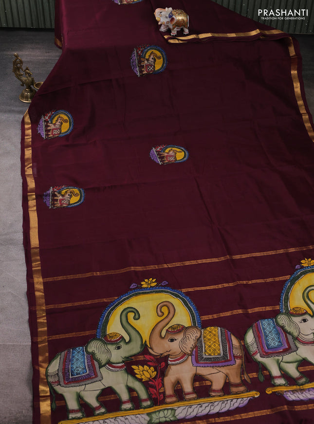 Silk cotton saree wine shade with kalamkari applique work and zari woven border