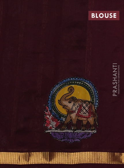 Silk cotton saree wine shade with kalamkari applique work and zari woven border