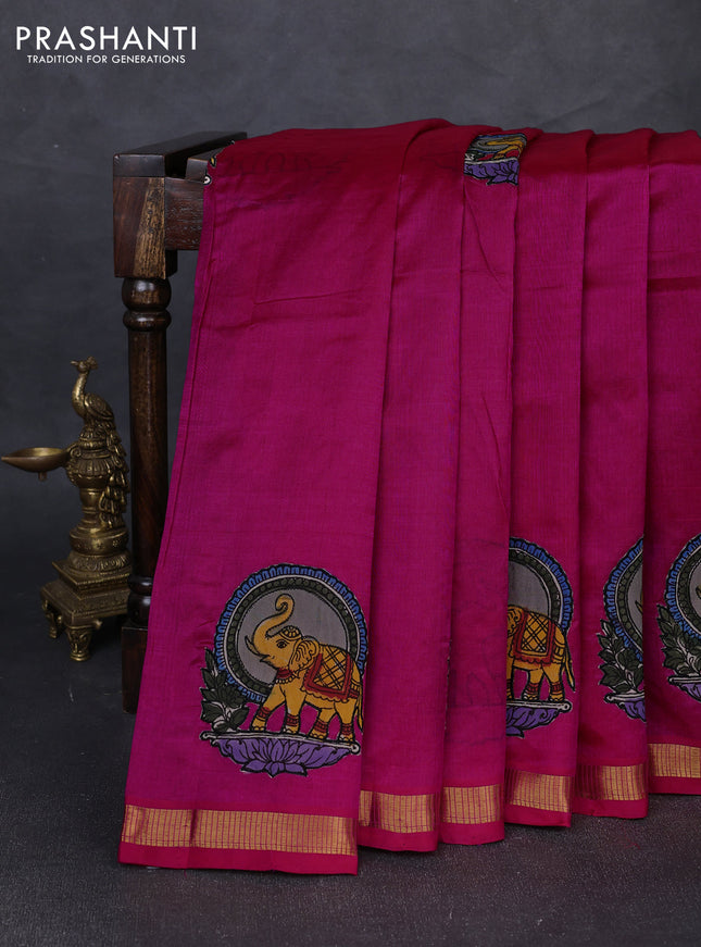 Silk cotton saree pink with kalamkari applique work and zari woven border