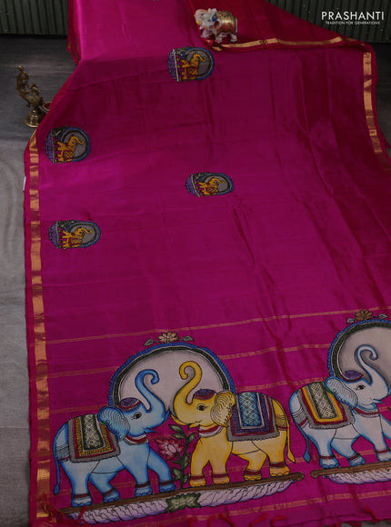 Silk cotton saree pink with kalamkari applique work and zari woven border