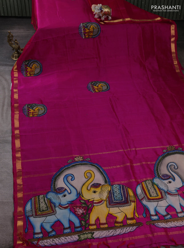 Silk cotton saree pink with kalamkari applique work and zari woven border