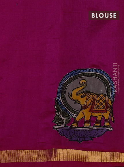 Silk cotton saree pink with kalamkari applique work and zari woven border