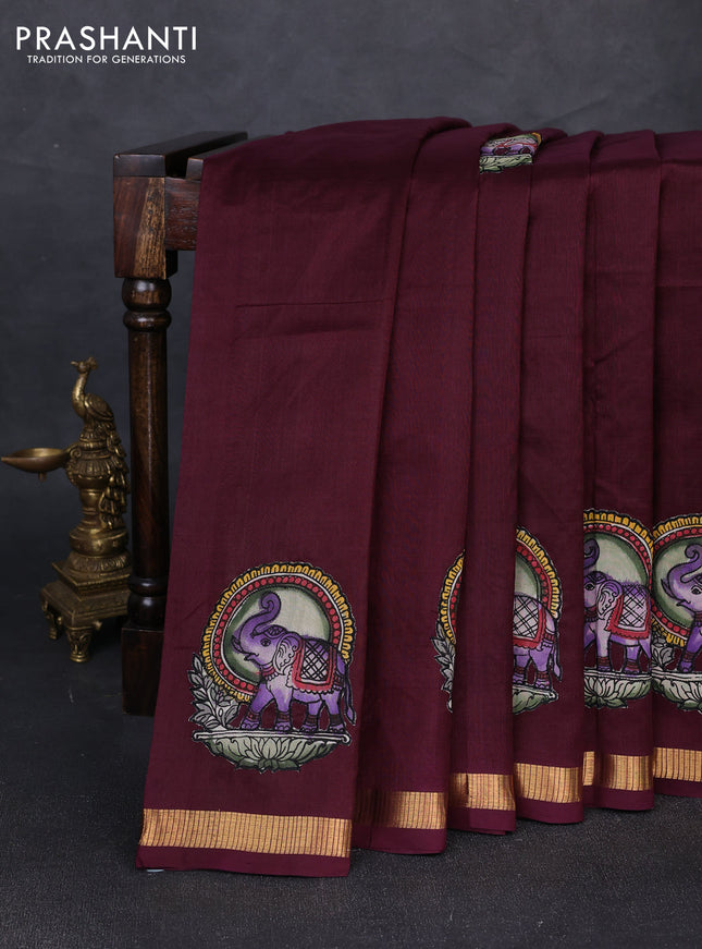 Silk cotton saree wine shade with kalamkari applique work and zari woven border
