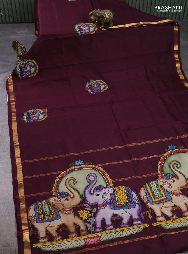 Silk cotton saree wine shade with kalamkari applique work and zari woven border