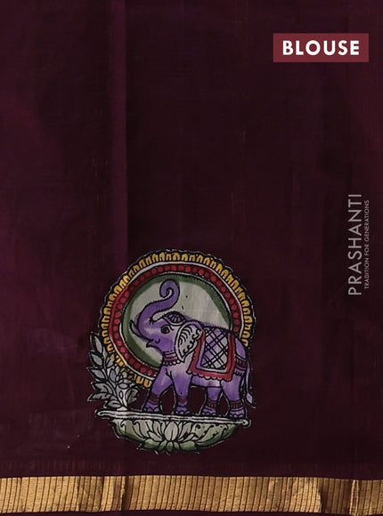 Silk cotton saree wine shade with kalamkari applique work and zari woven border