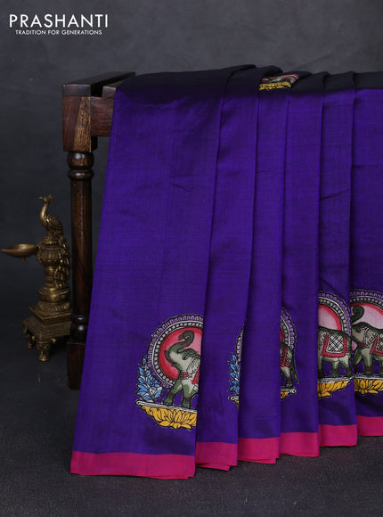 Silk cotton saree violet and pink with kalamkari applique work and piping border