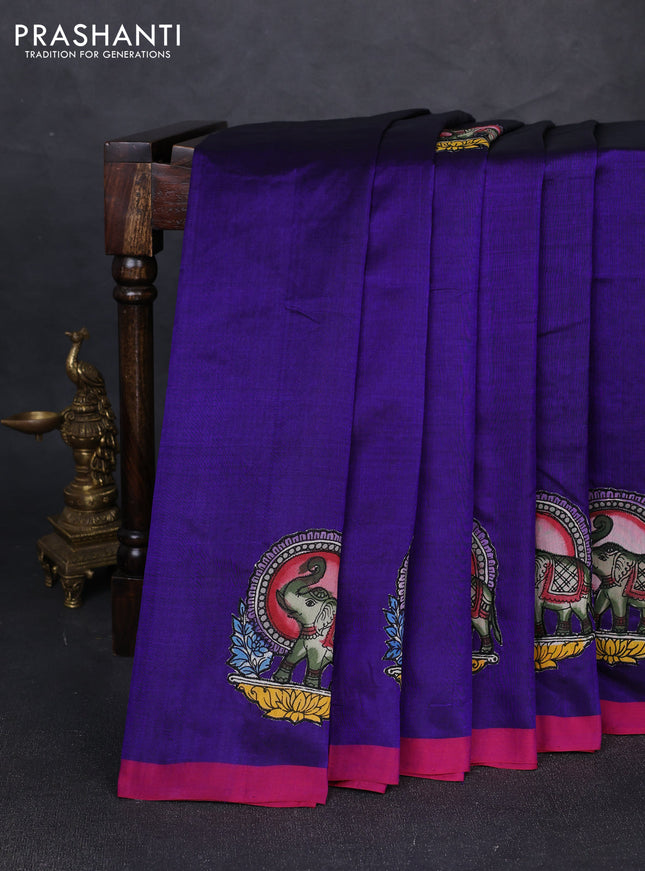 Silk cotton saree violet and pink with kalamkari applique work and piping border