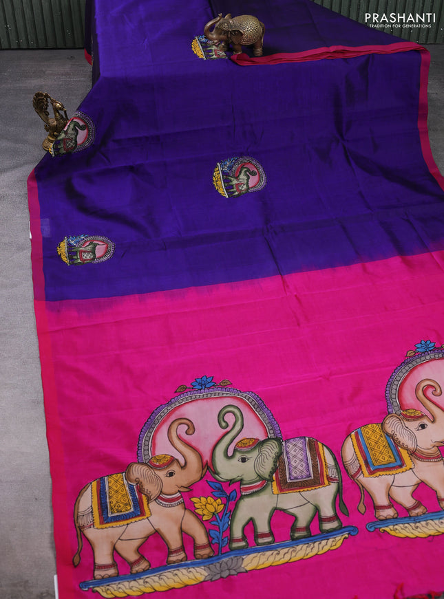 Silk cotton saree violet and pink with kalamkari applique work and piping border