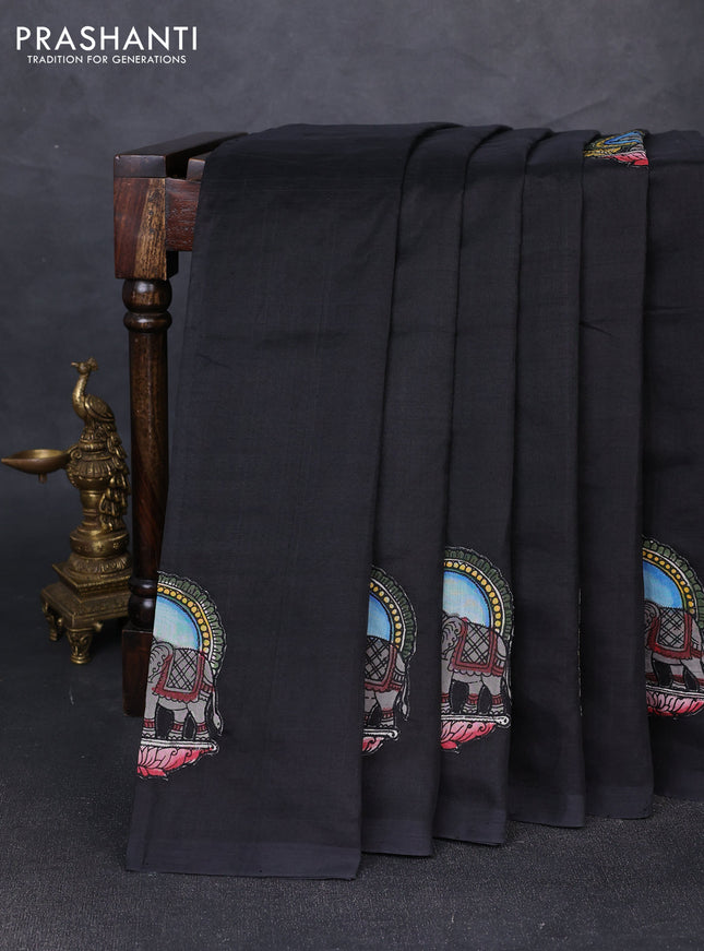 Silk cotton saree black with kalamkari applique work in borderless style