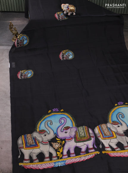Silk cotton saree black with kalamkari applique work in borderless style