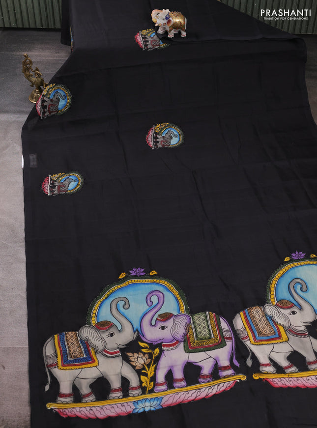Silk cotton saree black with kalamkari applique work in borderless style