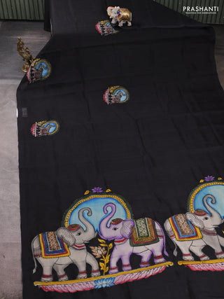 Silk cotton saree black with kalamkari applique work in borderless style