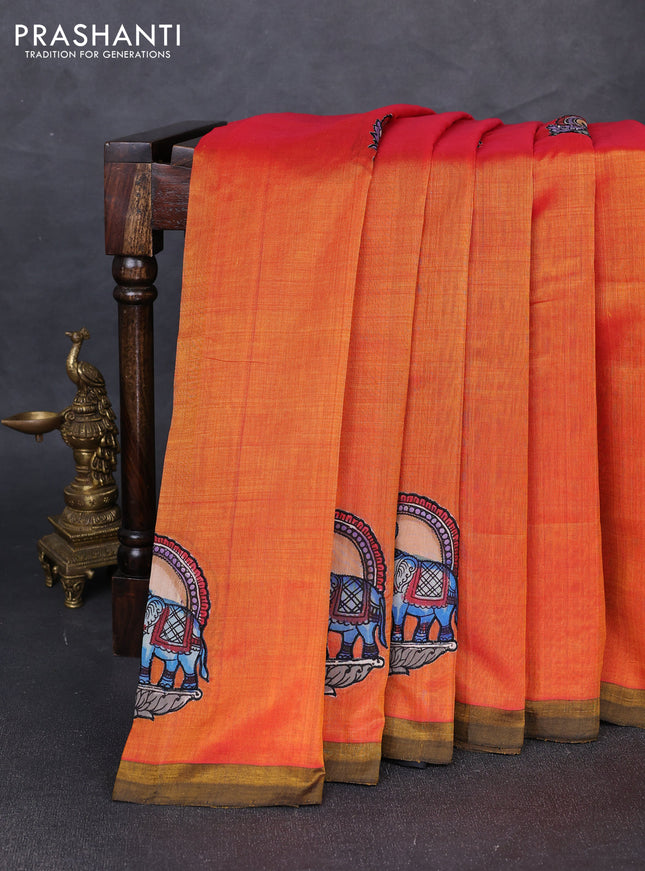 Silk cotton saree sunset orange and black with kalamkari applique work and piping border