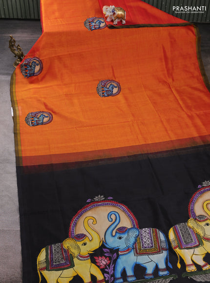 Silk cotton saree sunset orange and black with kalamkari applique work and piping border