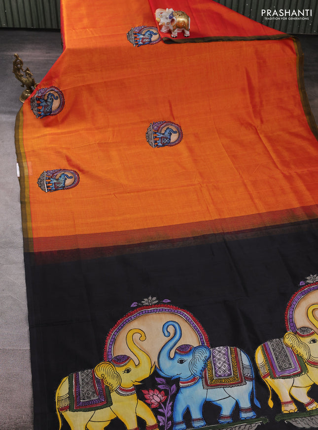 Silk cotton saree sunset orange and black with kalamkari applique work and piping border
