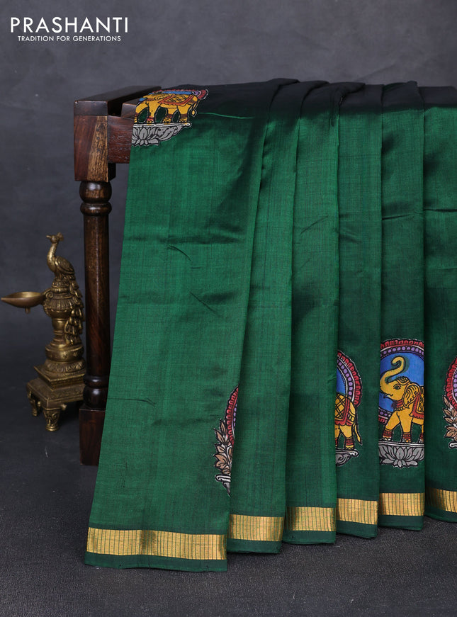 Silk cotton saree bottle green with kalamkari applique work and zari woven border