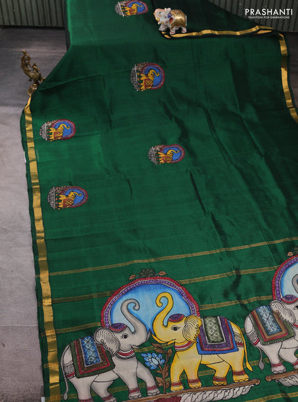 Silk cotton saree bottle green with kalamkari applique work and zari woven border