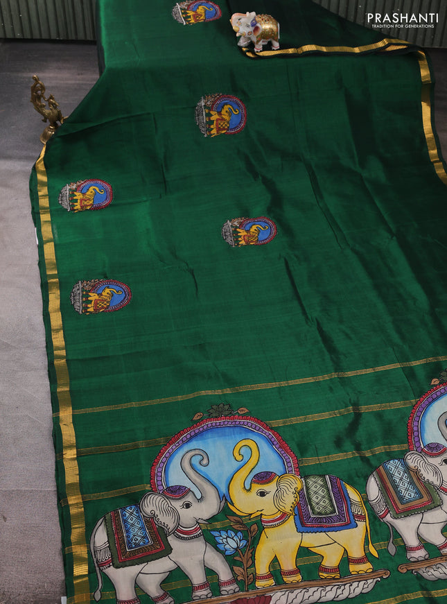 Silk cotton saree bottle green with kalamkari applique work and zari woven border