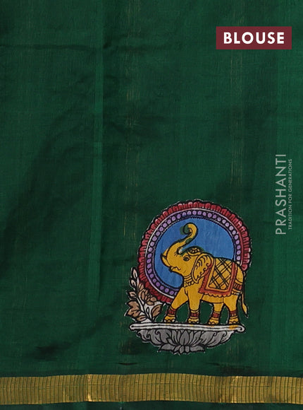 Silk cotton saree bottle green with kalamkari applique work and zari woven border