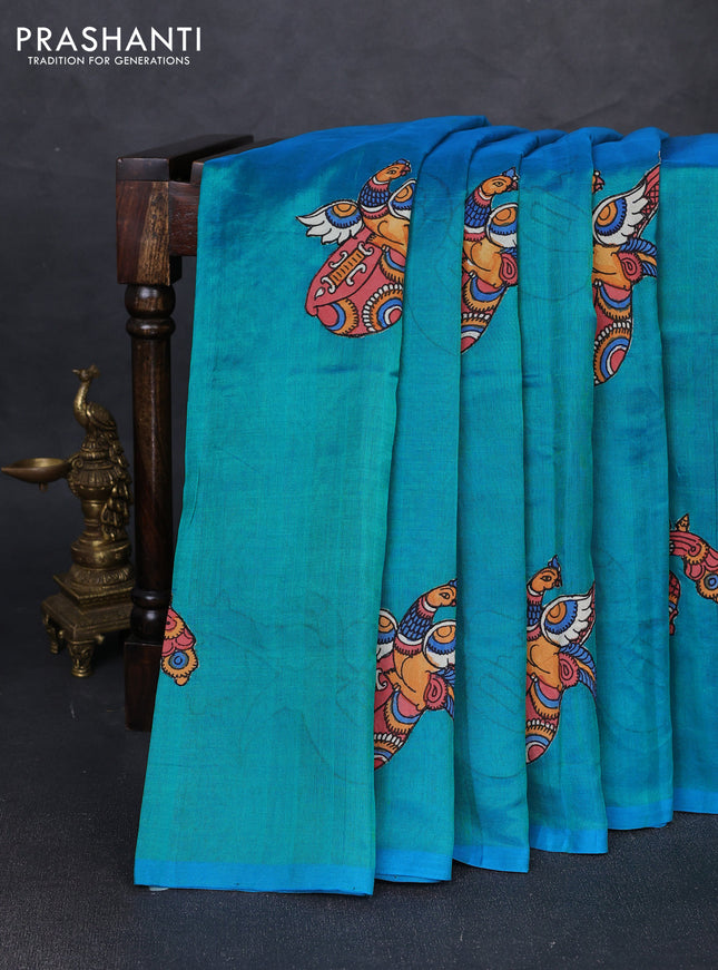 Silk cotton saree dual shade of teal blue with kalamkari applique work in borderless style