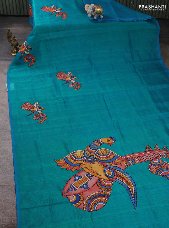 Silk cotton saree dual shade of teal blue with kalamkari applique work in borderless style