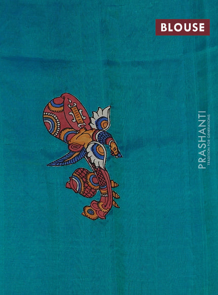 Silk cotton saree dual shade of teal blue with kalamkari applique work in borderless style