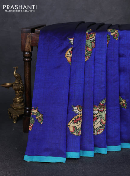 Silk cotton saree blue and teal blue with kalamkari applique work and piping border