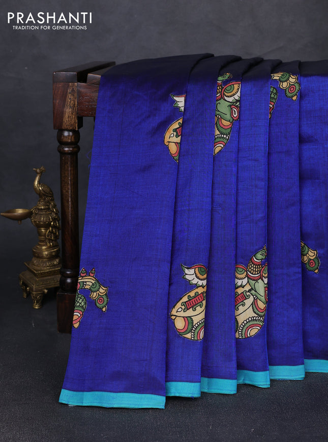 Silk cotton saree blue and teal blue with kalamkari applique work and piping border