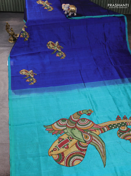 Silk cotton saree blue and teal blue with kalamkari applique work and piping border