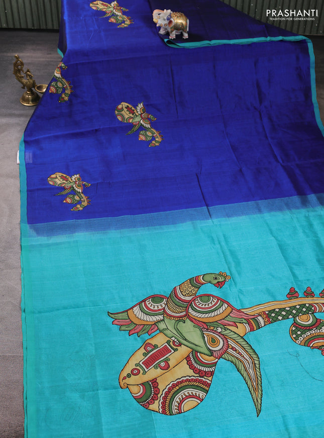 Silk cotton saree blue and teal blue with kalamkari applique work and piping border