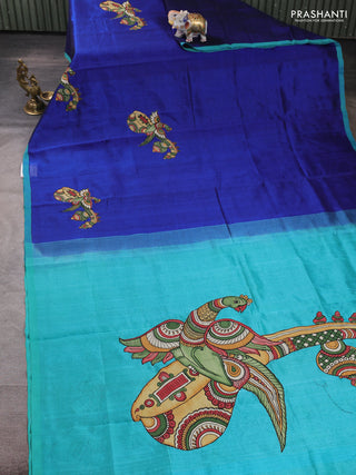 Silk cotton saree blue and teal blue with kalamkari applique work and piping border