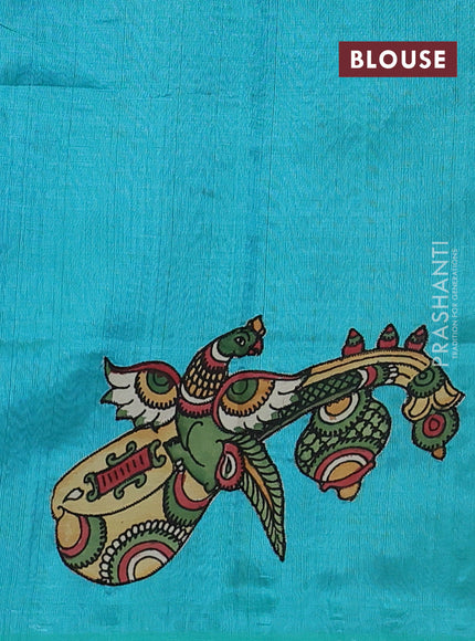 Silk cotton saree blue and teal blue with kalamkari applique work and piping border