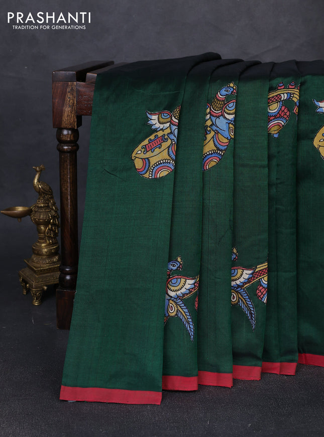 Silk cotton saree bottle green and red with kalamkari applique work and piping border