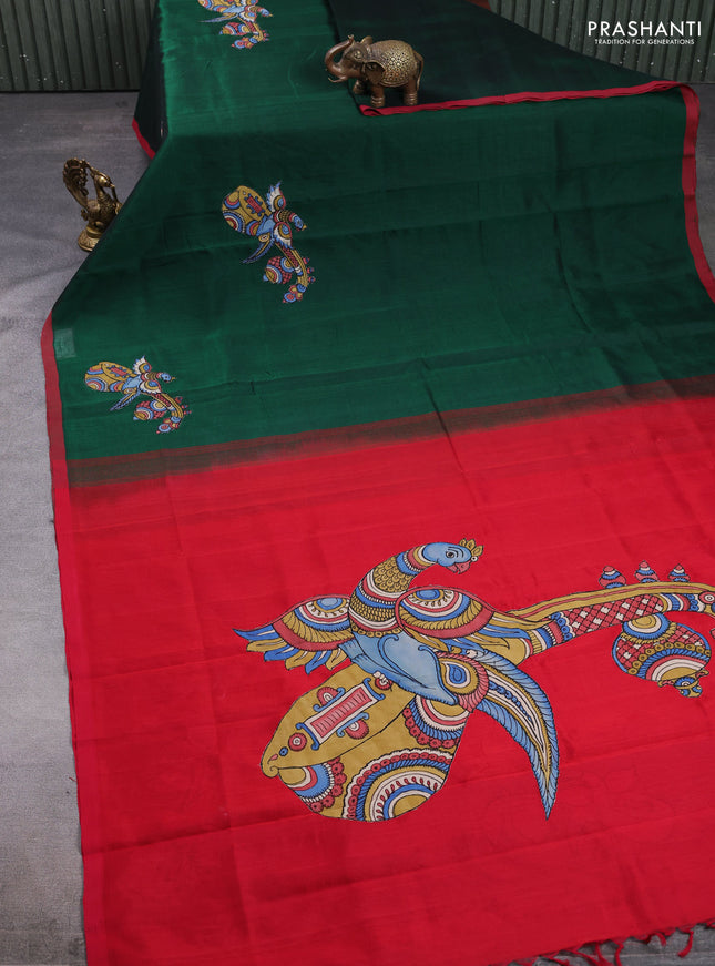 Silk cotton saree bottle green and red with kalamkari applique work and piping border