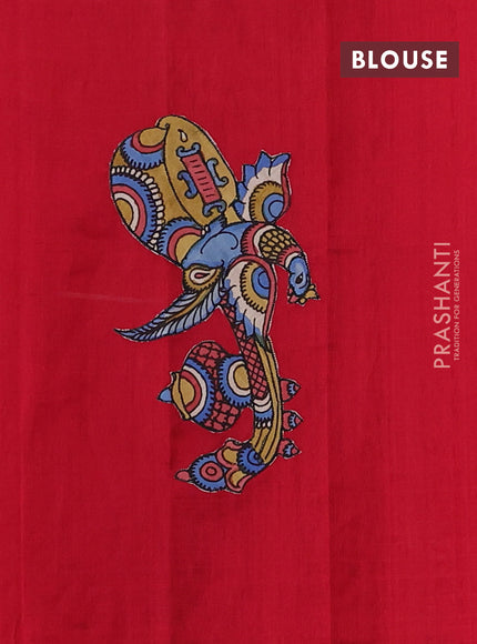 Silk cotton saree bottle green and red with kalamkari applique work and piping border