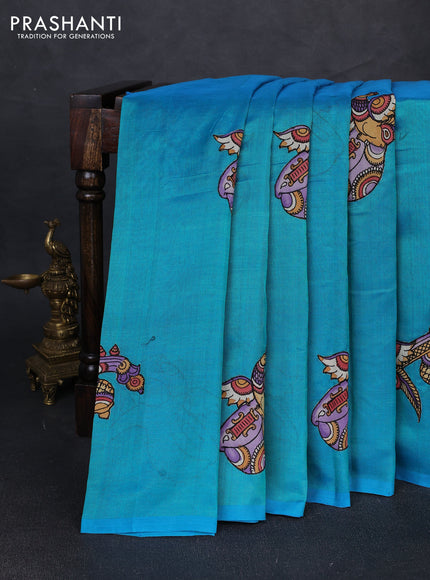Silk cotton saree dual shade of teal blue with kalamkari applique work in borderless style