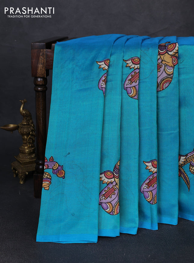 Silk cotton saree dual shade of teal blue with kalamkari applique work in borderless style
