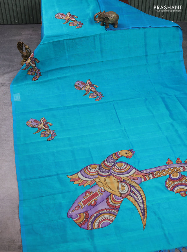 Silk cotton saree dual shade of teal blue with kalamkari applique work in borderless style