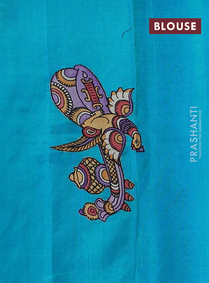 Silk cotton saree dual shade of teal blue with kalamkari applique work in borderless style