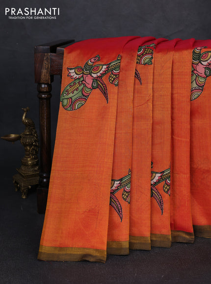 Silk cotton saree sunset orange and black with kalamkari applique work and piping border