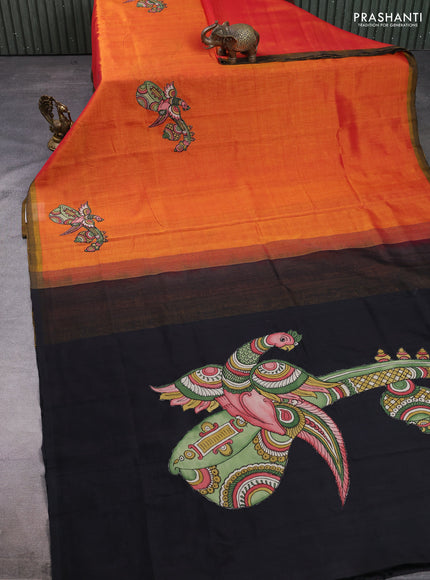 Silk cotton saree sunset orange and black with kalamkari applique work and piping border