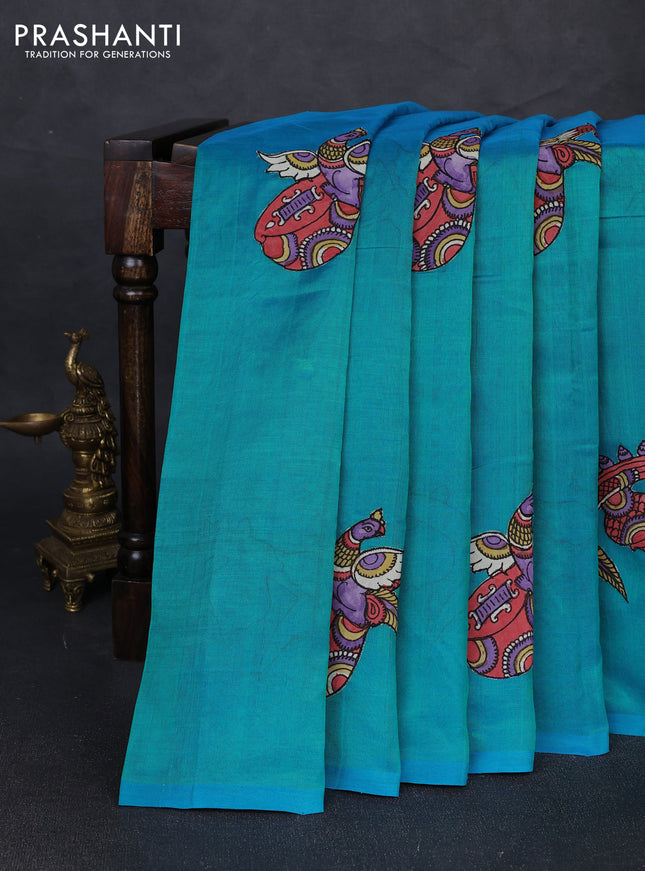 Silk cotton saree dual shade of teal blue with kalamkari applique work in borderless style
