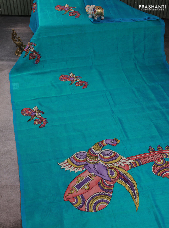 Silk cotton saree dual shade of teal blue with kalamkari applique work in borderless style