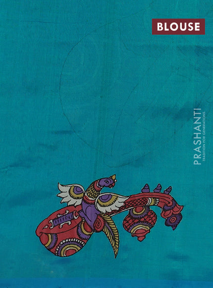 Silk cotton saree dual shade of teal blue with kalamkari applique work in borderless style