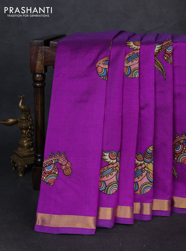 Silk cotton saree purple with kalamkari applique work and zari woven border