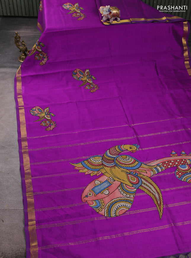 Silk cotton saree purple with kalamkari applique work and zari woven border
