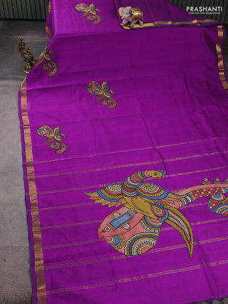 Silk cotton saree purple with kalamkari applique work and zari woven border